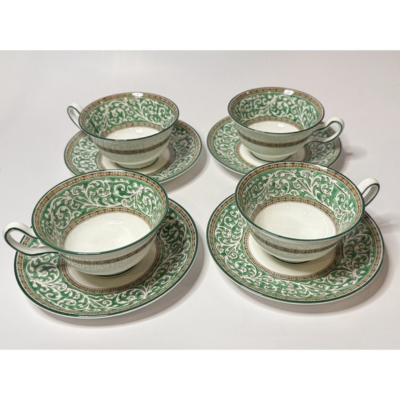 Wedgwood Bone China Green & Gold Tea Cups & Saucers Set of 4 England - Picture 1 of 8